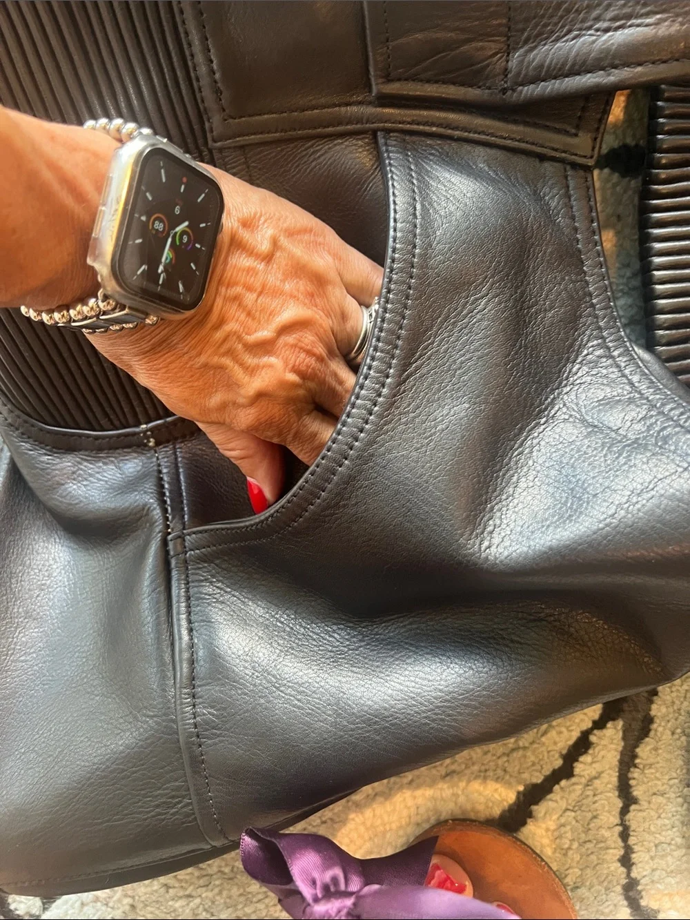 Black Leather Cargo Pants with Ribbed Waist and Belt Detail